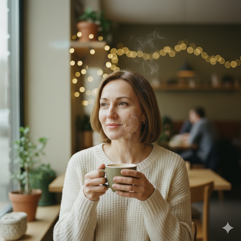Mujer reflexionando con una taza de café